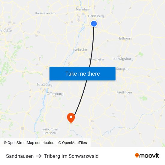 Sandhausen to Triberg Im Schwarzwald map