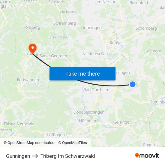 Gunningen to Triberg Im Schwarzwald map