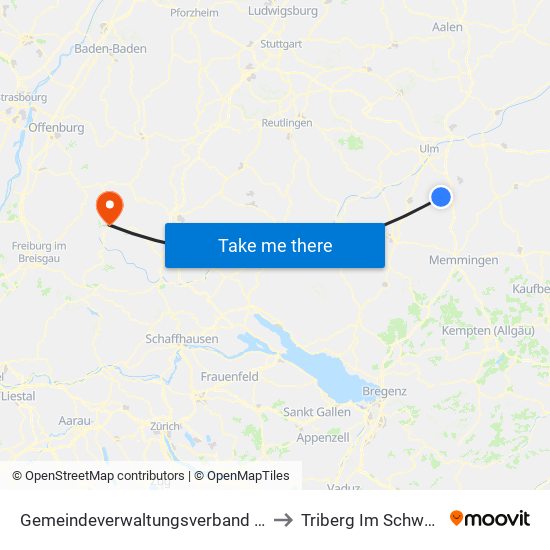 Gemeindeverwaltungsverband Dietenheim to Triberg Im Schwarzwald map