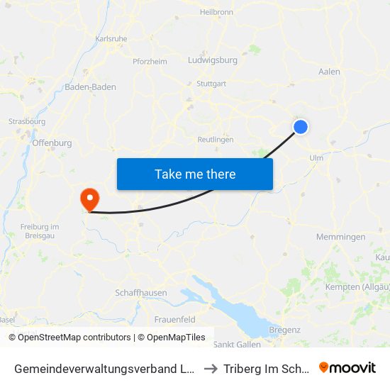 Gemeindeverwaltungsverband Lonsee-Amstetten to Triberg Im Schwarzwald map
