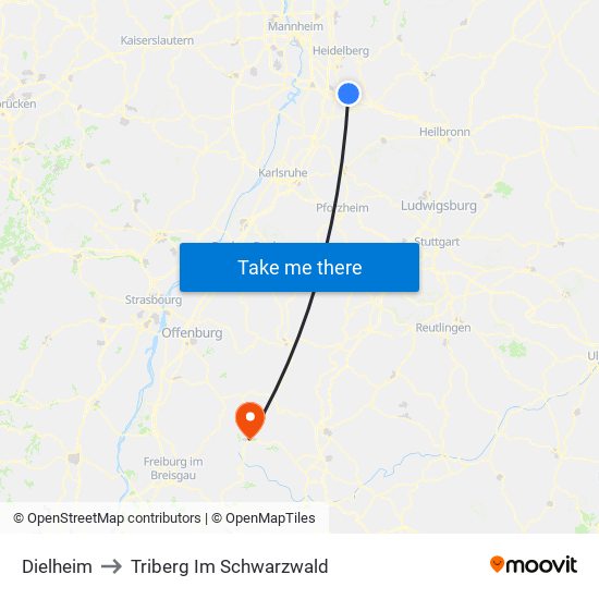 Dielheim to Triberg Im Schwarzwald map