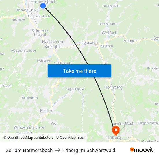 Zell am Harmersbach to Triberg Im Schwarzwald map