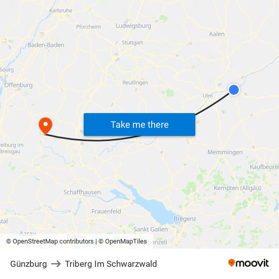 Günzburg to Triberg Im Schwarzwald map