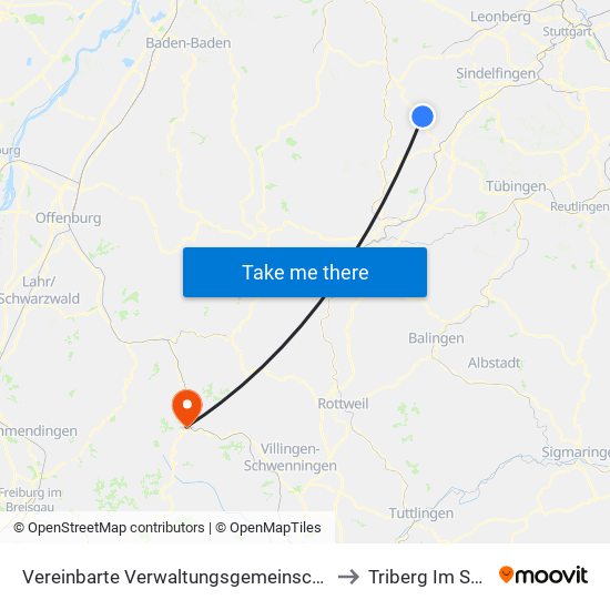 Vereinbarte Verwaltungsgemeinschaft Der Stadt Herrenberg to Triberg Im Schwarzwald map