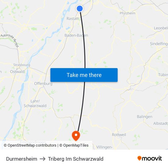 Durmersheim to Triberg Im Schwarzwald map