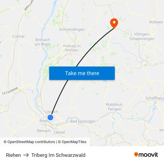 Riehen to Triberg Im Schwarzwald map