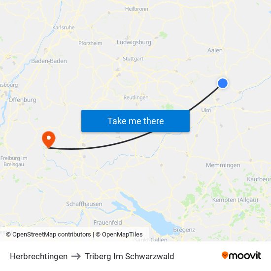 Herbrechtingen to Triberg Im Schwarzwald map