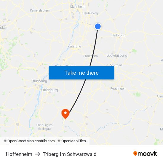 Hoffenheim to Triberg Im Schwarzwald map