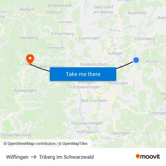 Wilflingen to Triberg Im Schwarzwald map