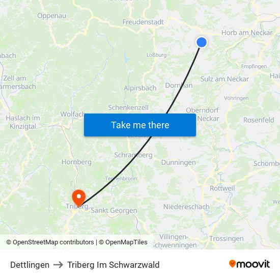 Dettlingen to Triberg Im Schwarzwald map
