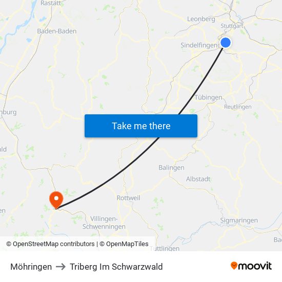 Möhringen to Triberg Im Schwarzwald map