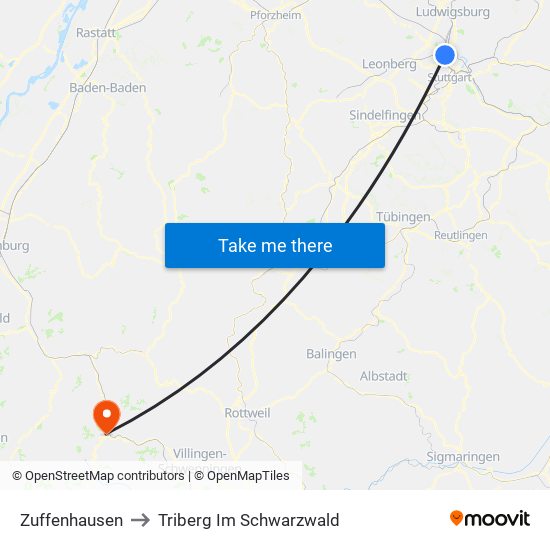 Zuffenhausen to Triberg Im Schwarzwald map