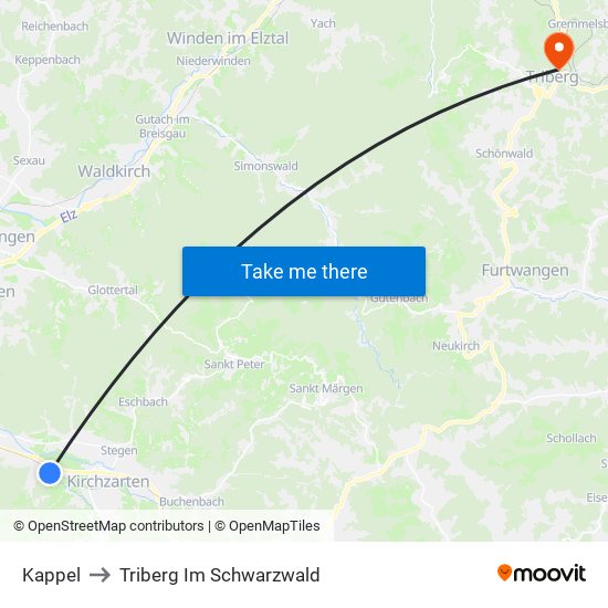 Kappel to Triberg Im Schwarzwald map