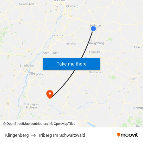 Klingenberg to Triberg Im Schwarzwald map