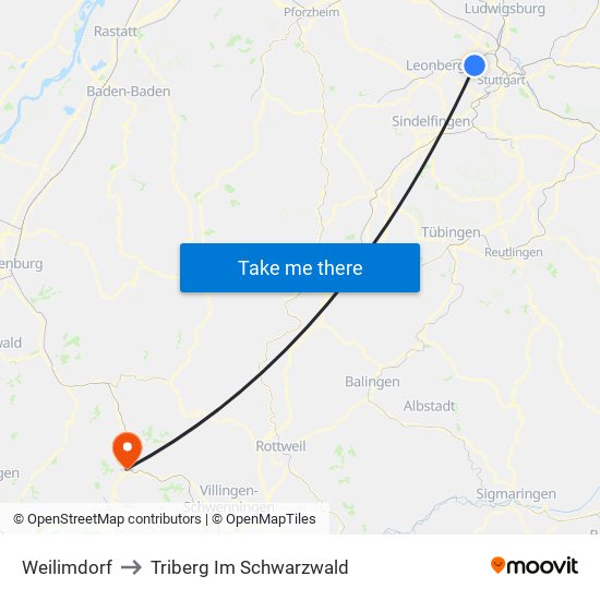 Weilimdorf to Triberg Im Schwarzwald map