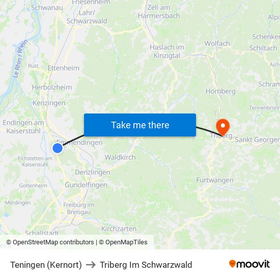 Teningen (Kernort) to Triberg Im Schwarzwald map