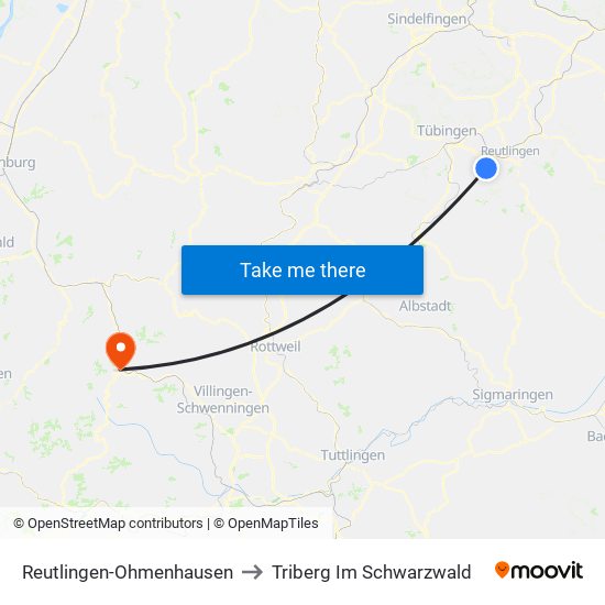 Reutlingen-Ohmenhausen to Triberg Im Schwarzwald map