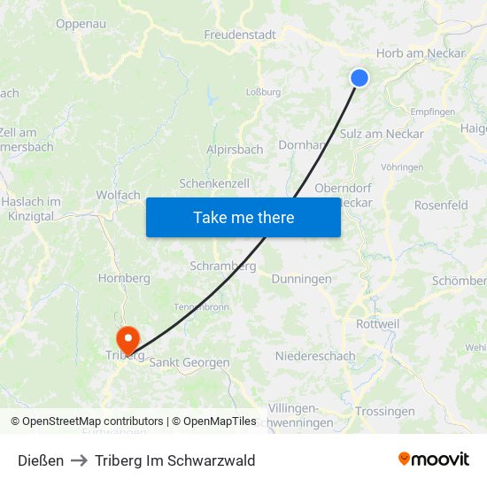 Dießen to Triberg Im Schwarzwald map