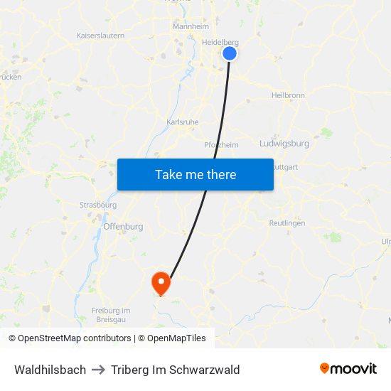 Waldhilsbach to Triberg Im Schwarzwald map