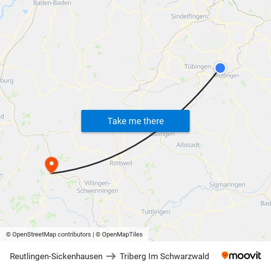 Reutlingen-Sickenhausen to Triberg Im Schwarzwald map