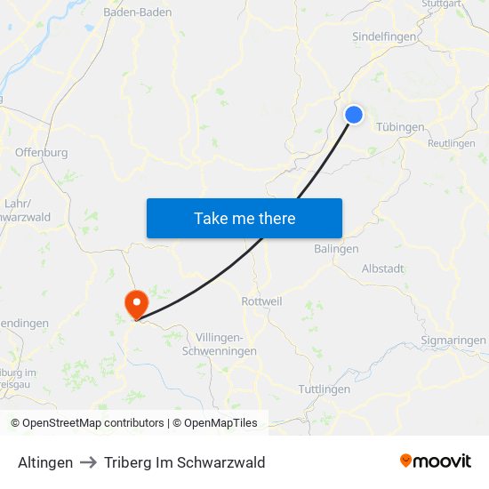 Altingen to Triberg Im Schwarzwald map