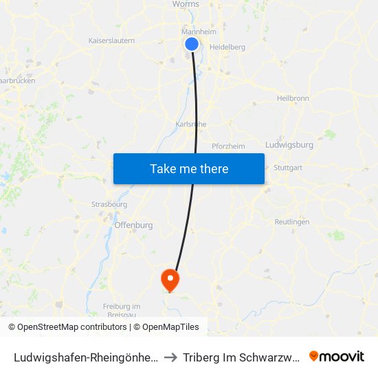 Ludwigshafen-Rheingönheim to Triberg Im Schwarzwald map