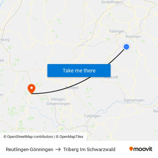 Reutlingen-Gönningen to Triberg Im Schwarzwald map