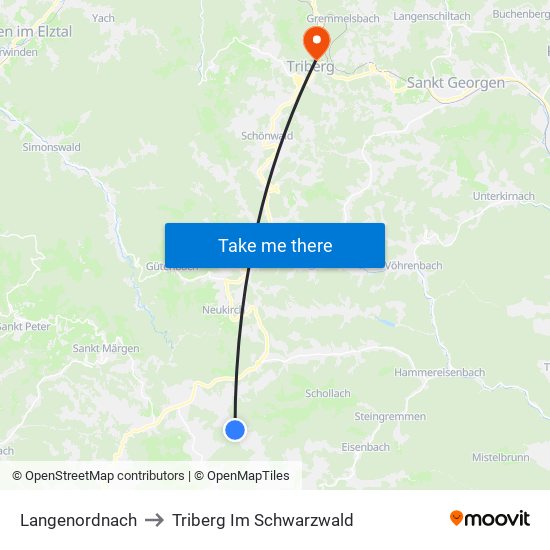 Langenordnach to Triberg Im Schwarzwald map