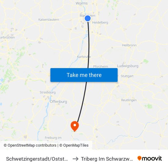 Schwetzingerstadt/Oststadt to Triberg Im Schwarzwald map