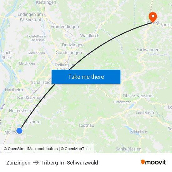 Zunzingen to Triberg Im Schwarzwald map