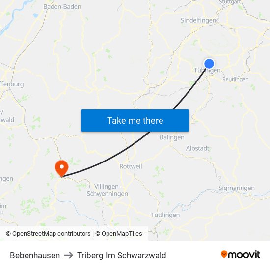 Bebenhausen to Triberg Im Schwarzwald map