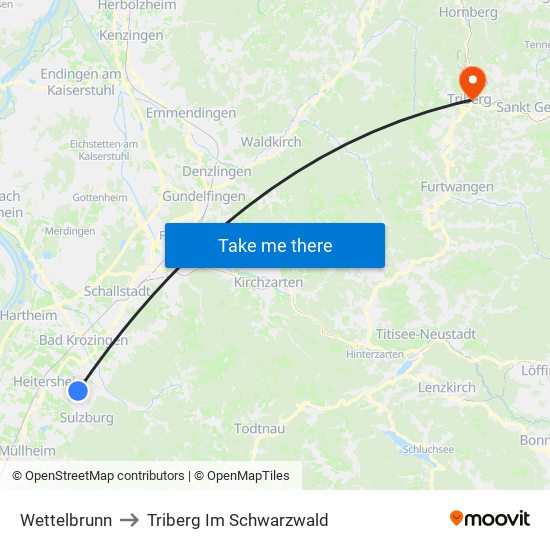 Wettelbrunn to Triberg Im Schwarzwald map