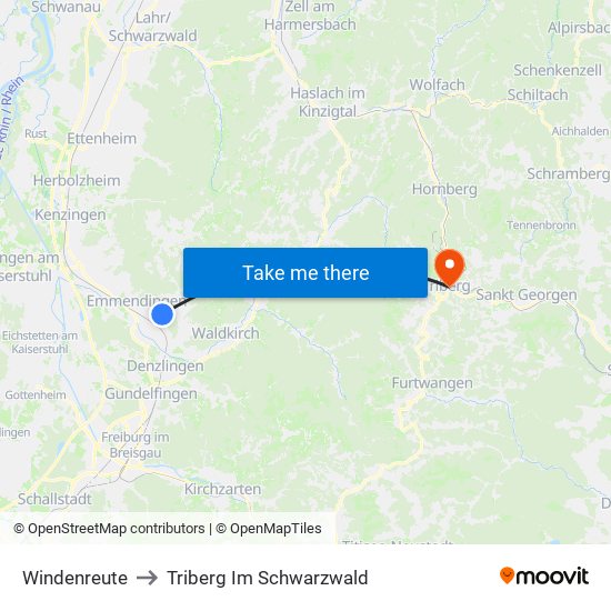 Windenreute to Triberg Im Schwarzwald map