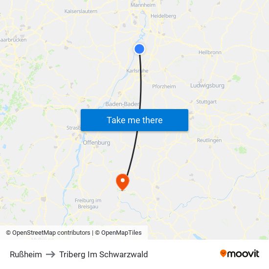 Rußheim to Triberg Im Schwarzwald map