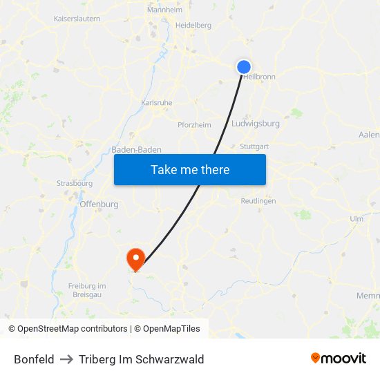 Bonfeld to Triberg Im Schwarzwald map