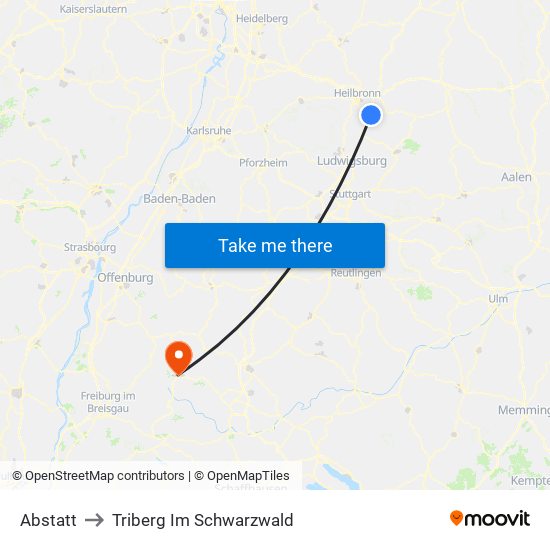 Abstatt to Triberg Im Schwarzwald map