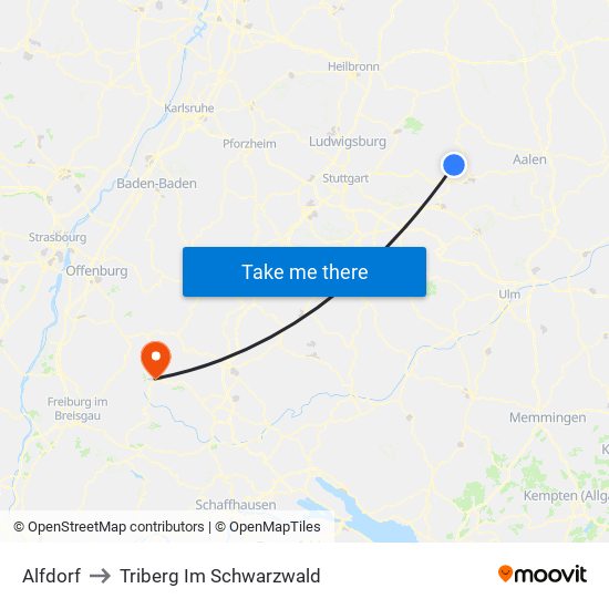 Alfdorf to Triberg Im Schwarzwald map