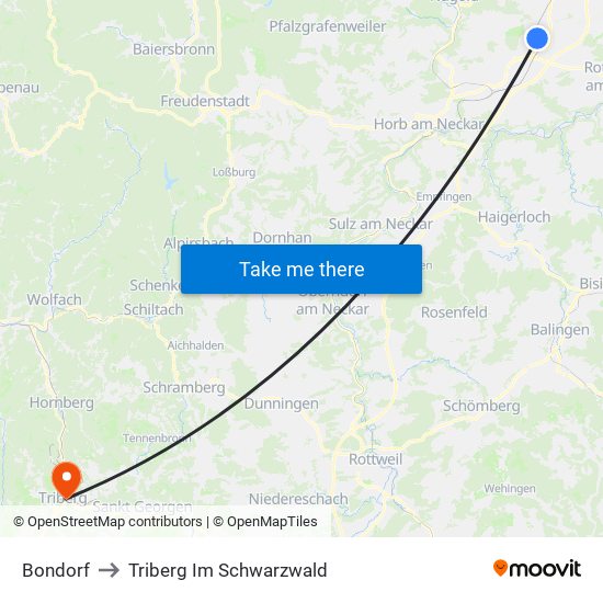 Bondorf to Triberg Im Schwarzwald map
