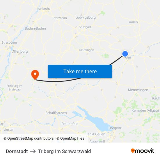 Dornstadt to Triberg Im Schwarzwald map