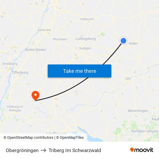 Obergröningen to Triberg Im Schwarzwald map