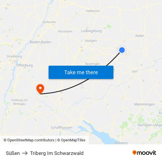 Süßen to Triberg Im Schwarzwald map