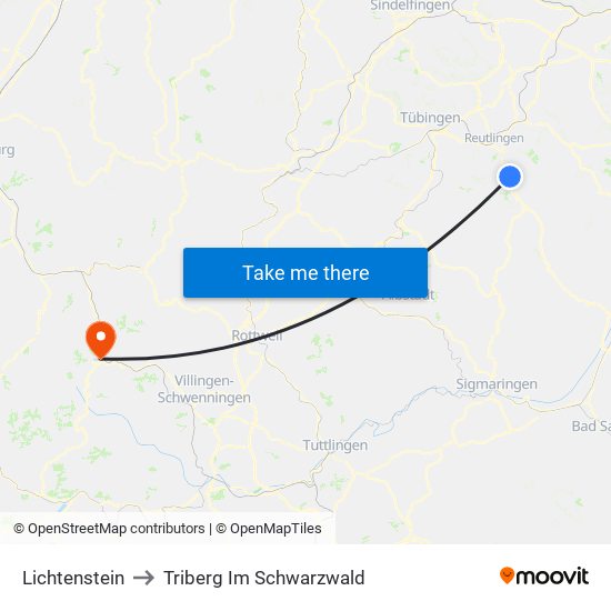 Lichtenstein to Triberg Im Schwarzwald map