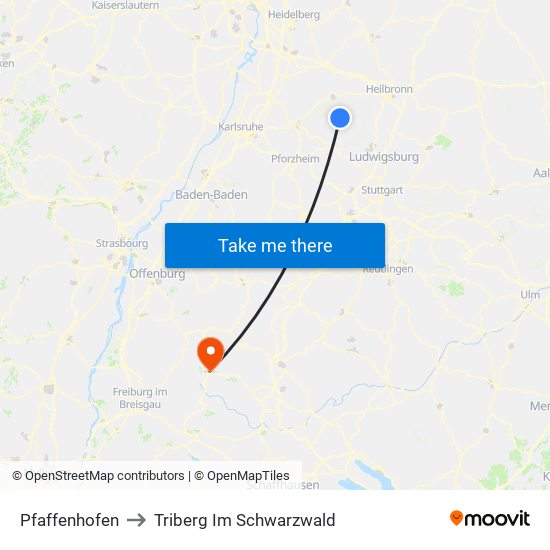 Pfaffenhofen to Triberg Im Schwarzwald map