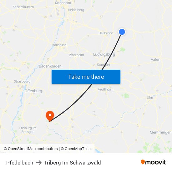 Pfedelbach to Triberg Im Schwarzwald map