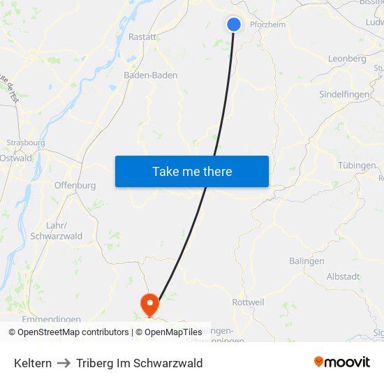 Keltern to Triberg Im Schwarzwald map