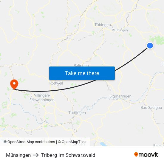 Münsingen to Triberg Im Schwarzwald map