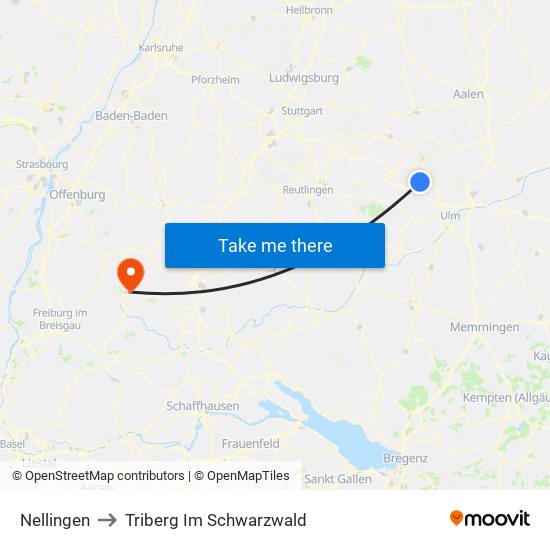 Nellingen to Triberg Im Schwarzwald map