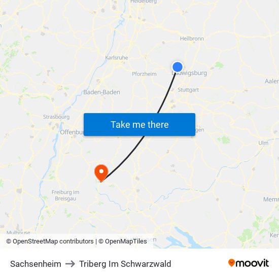 Sachsenheim to Triberg Im Schwarzwald map