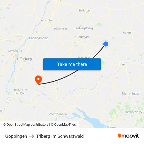 Göppingen to Triberg Im Schwarzwald map