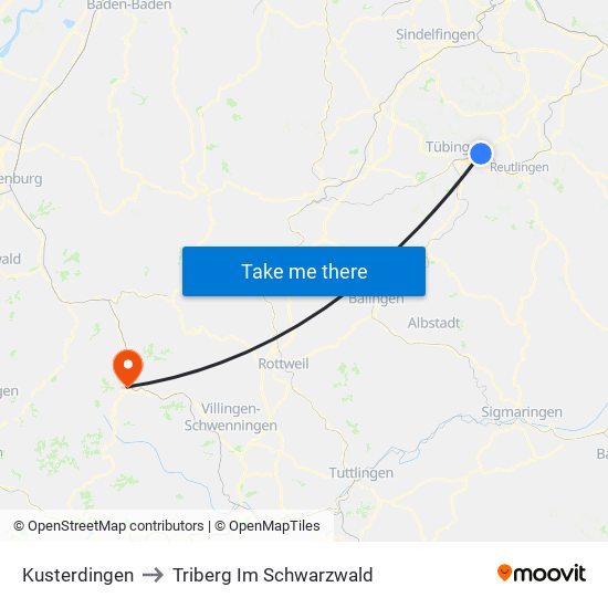 Kusterdingen to Triberg Im Schwarzwald map